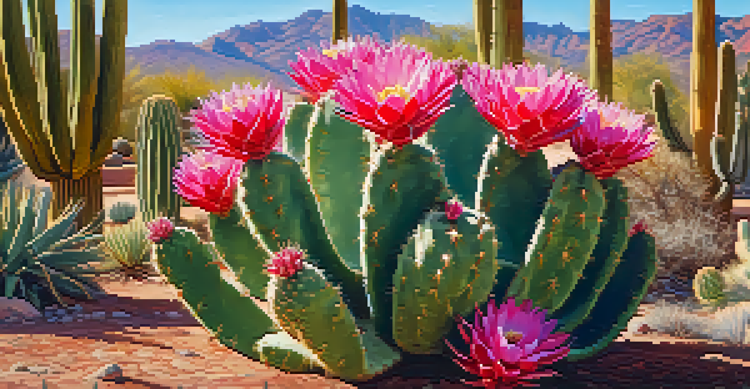 A sculpture of a cactus flower among real cacti in the Desert Botanical Garden, showcasing vibrant colors against the Arizona landscape and blue skies.