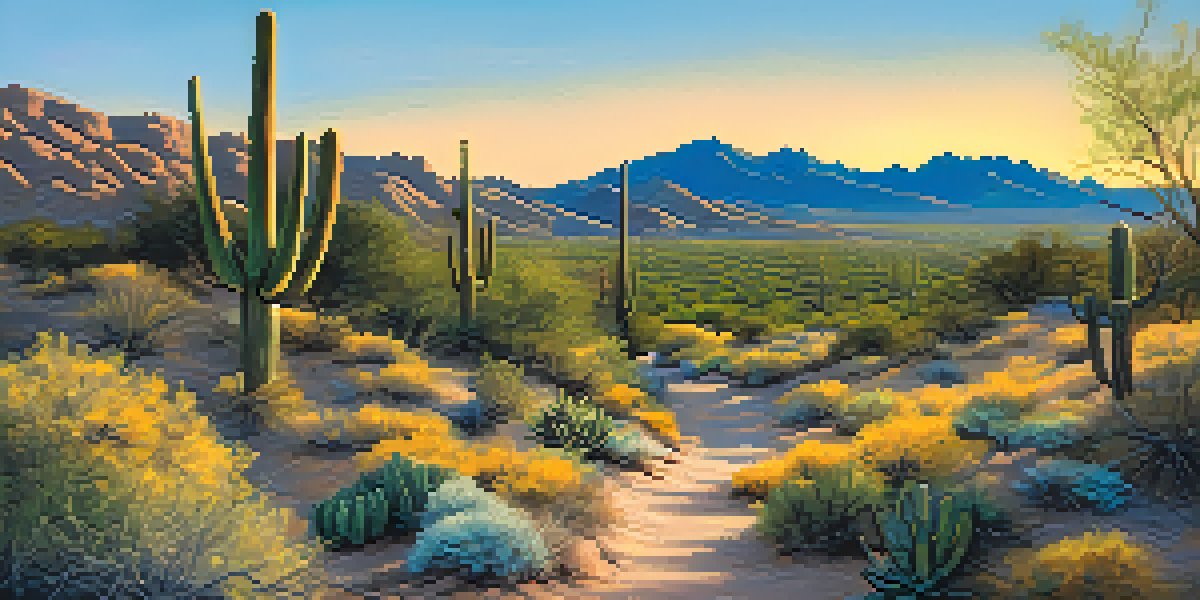 A peaceful desert landscape featuring rolling hills, vibrant cacti, and a winding trail under a sunset sky.