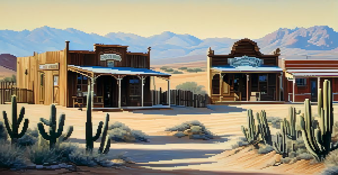 A scenic view of the historic O.K. Corral in Tombstone, Arizona, with wooden buildings and desert landscape.