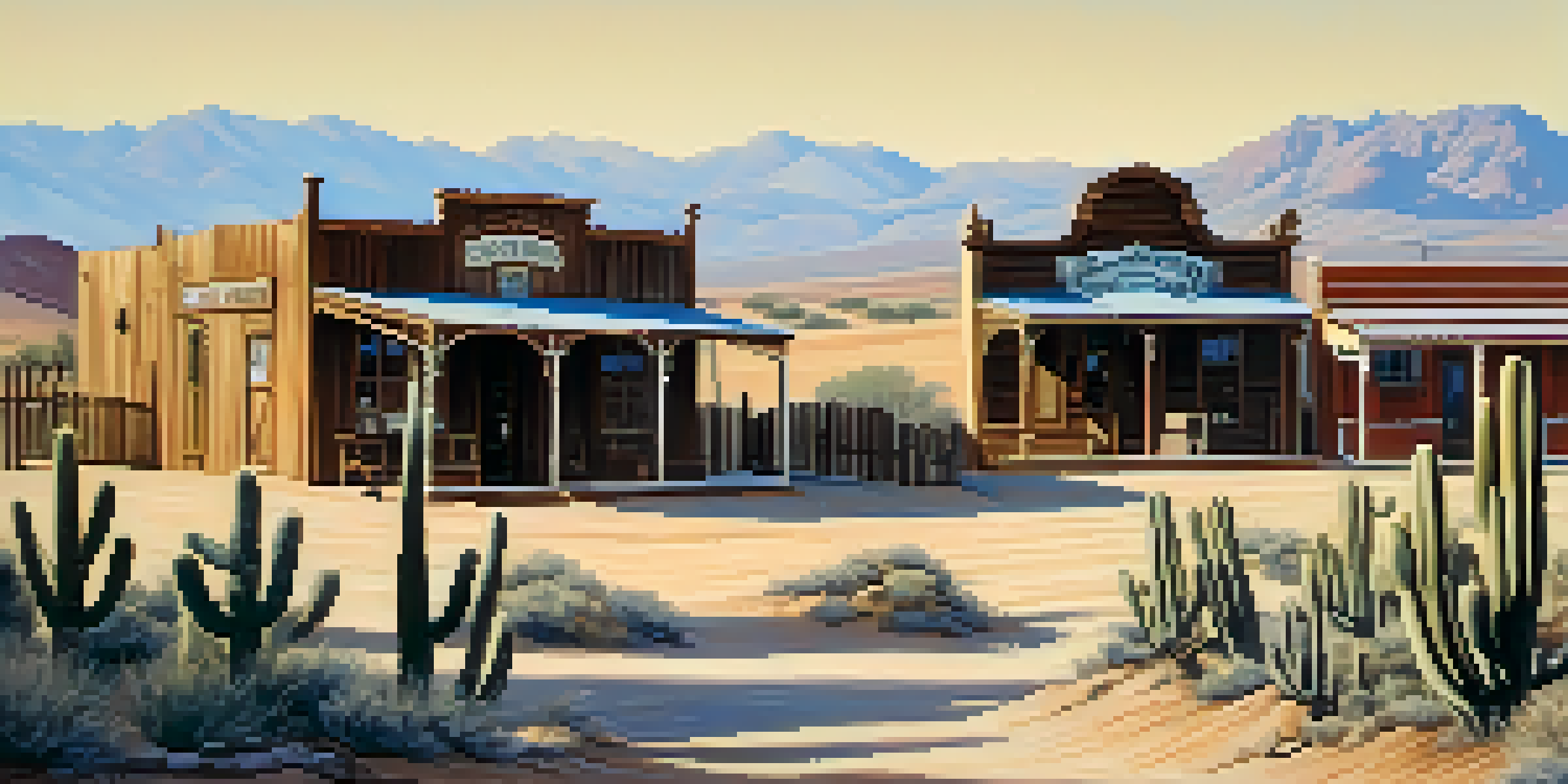 A scenic view of the historic O.K. Corral in Tombstone, Arizona, with wooden buildings and desert landscape.