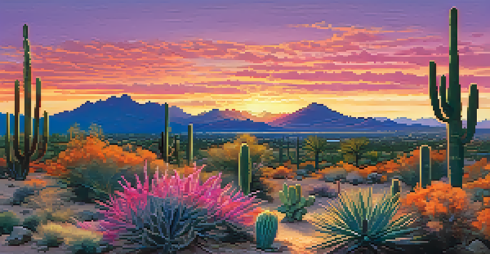 A beautiful desert landscape in Scottsdale, Arizona, at sunset with colorful skies and cacti in the foreground.