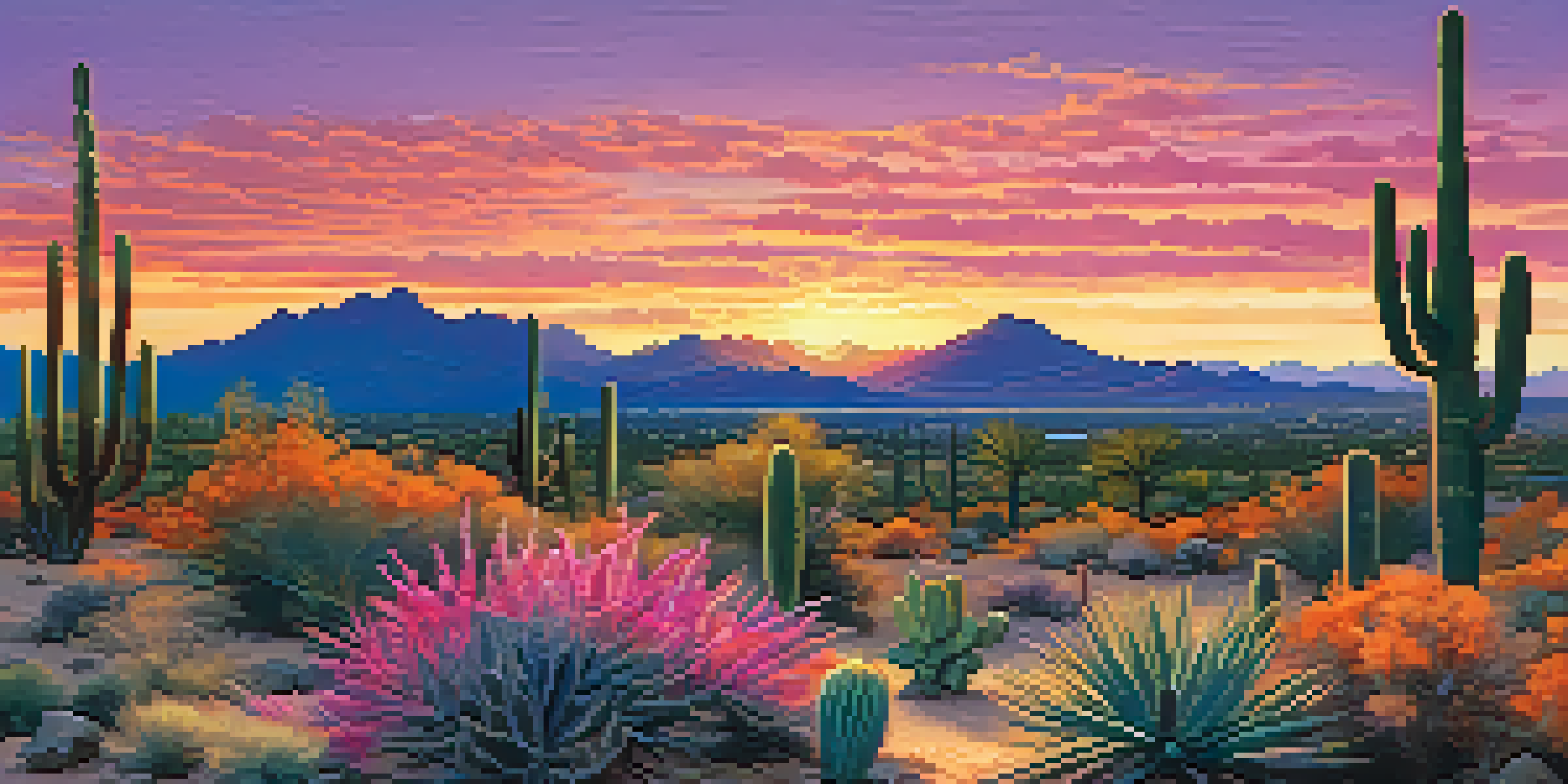 A beautiful desert landscape in Scottsdale, Arizona, at sunset with colorful skies and cacti in the foreground.