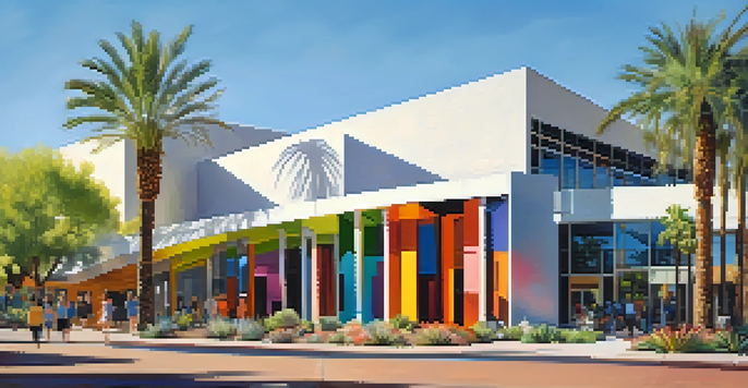 A modern museum with colorful art installations surrounded by greenery, illuminated by sunlight.