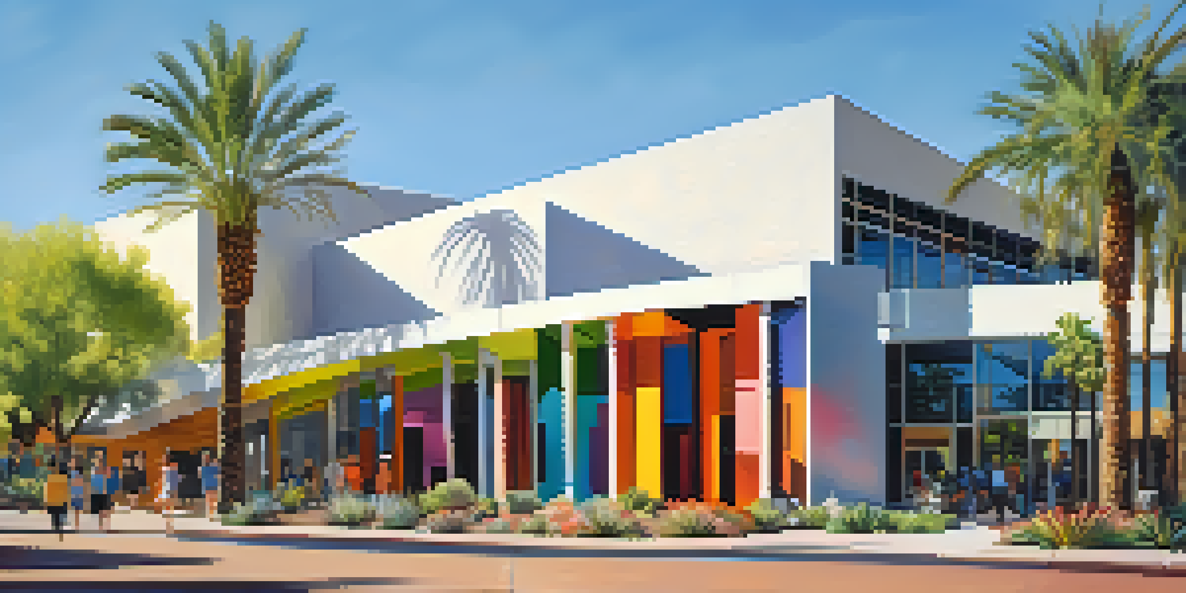 A modern museum with colorful art installations surrounded by greenery, illuminated by sunlight.