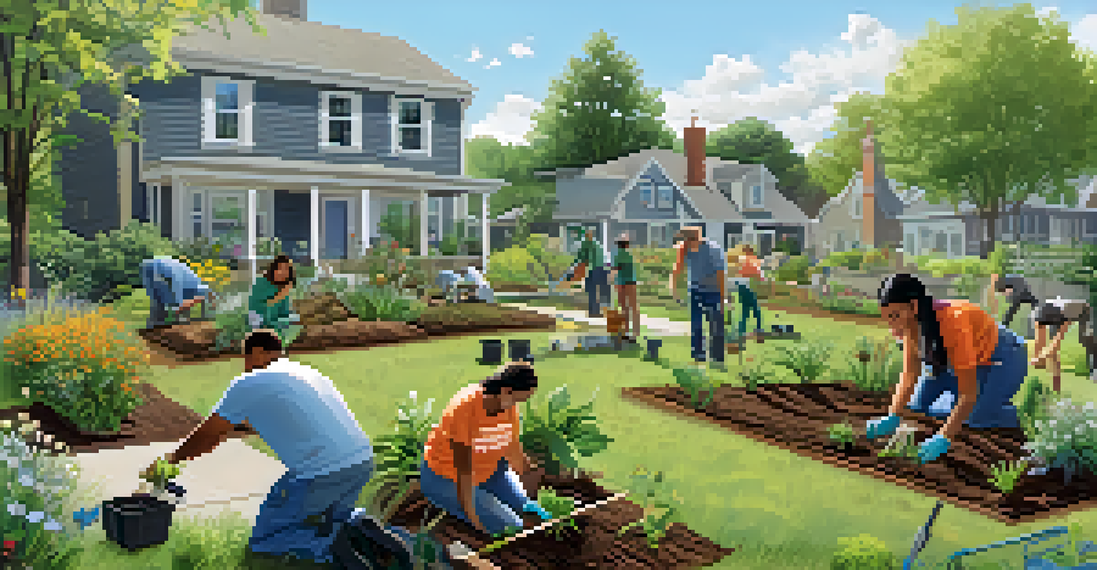 Community members planting native plants in a garden, showcasing teamwork and environmental conservation efforts.