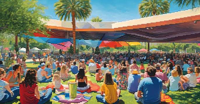 Families enjoying an outdoor concert in a lush garden setting with art installations.