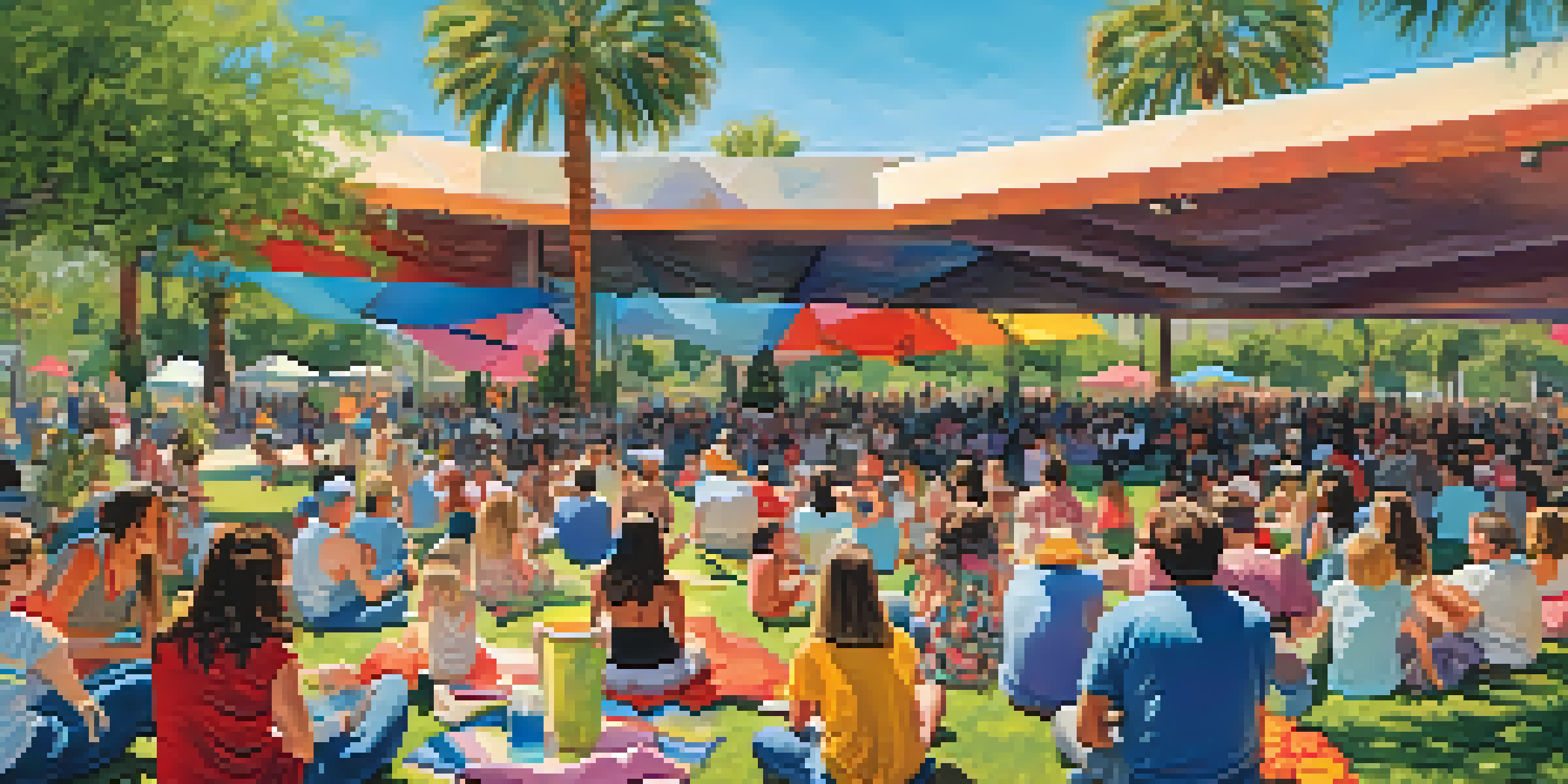 Families enjoying an outdoor concert in a lush garden setting with art installations.