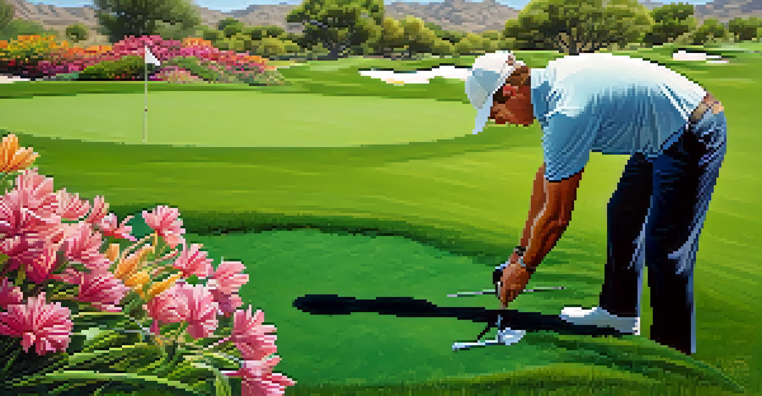 A close-up of a golfer repairing a divot on a lush green golf course with beautiful flowers in the background.