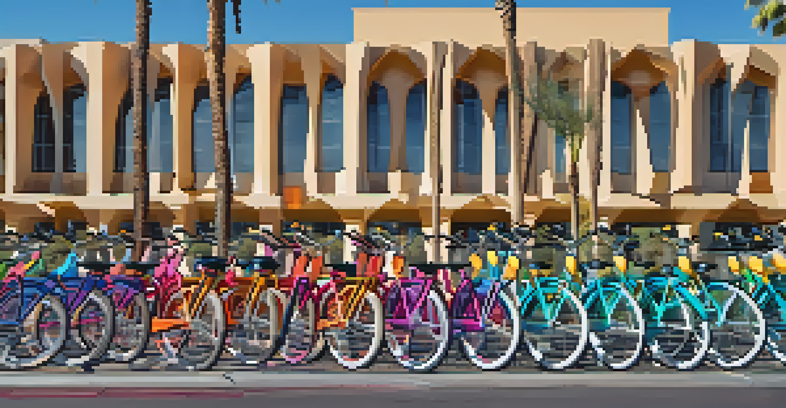 A bike-sharing station with colorful bikes under a clear blue sky and palm trees in the background.