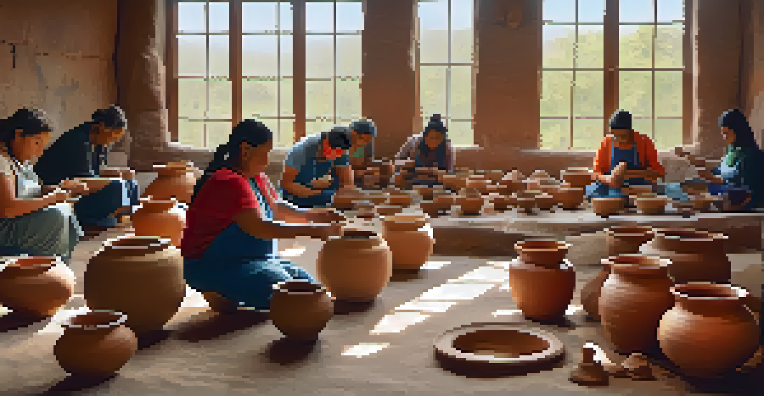 Participants are engaged in a pottery-making workshop with Indigenous artisans, surrounded by colorful pottery and natural light.