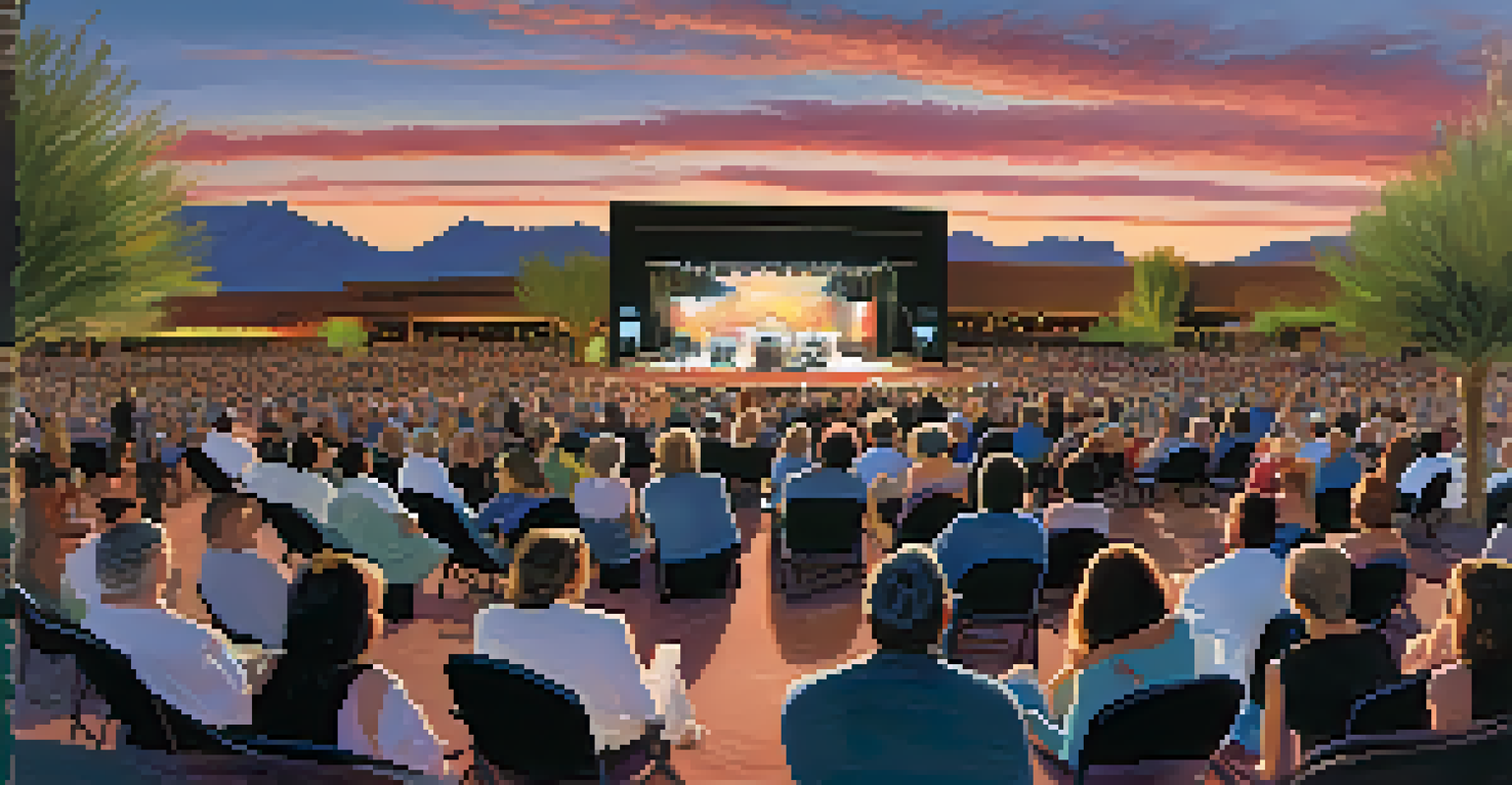 A luxurious outdoor concert at Talking Stick Resort with a famous artist on stage and elegant seating, set against the Arizona desert.
