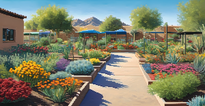 A community garden with residents planting native plants under a blue sky in Scottsdale, Arizona.