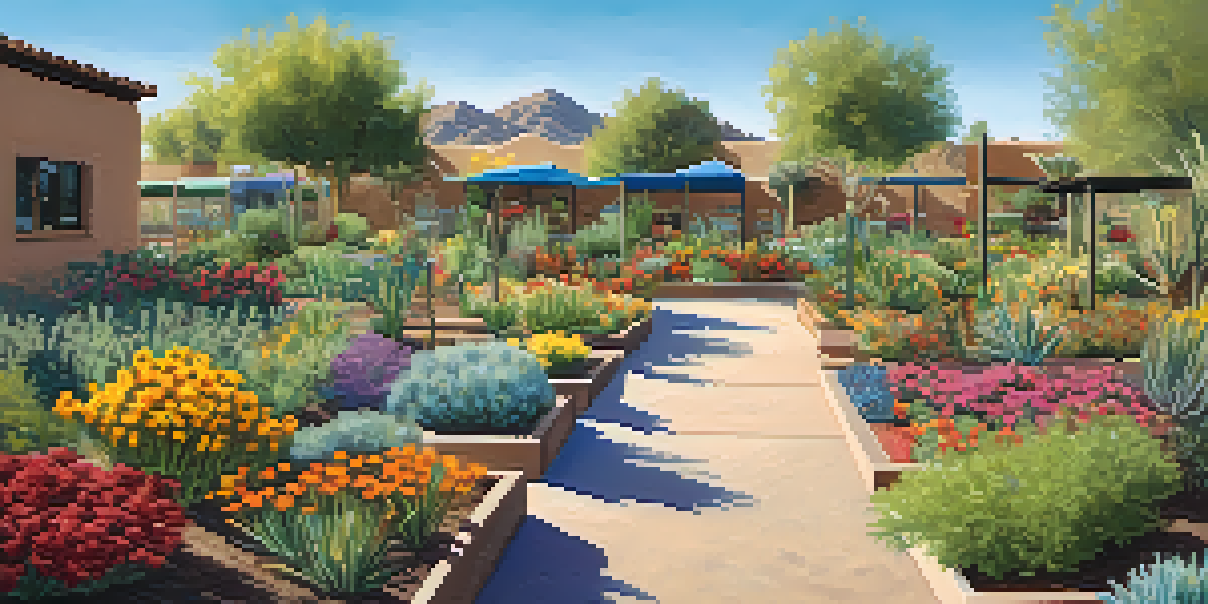 A community garden with residents planting native plants under a blue sky in Scottsdale, Arizona.