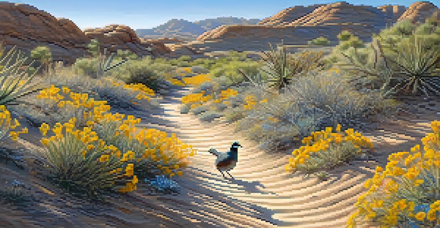 Gambel's quail moving across a desert trail with wildflowers and clear blue skies.