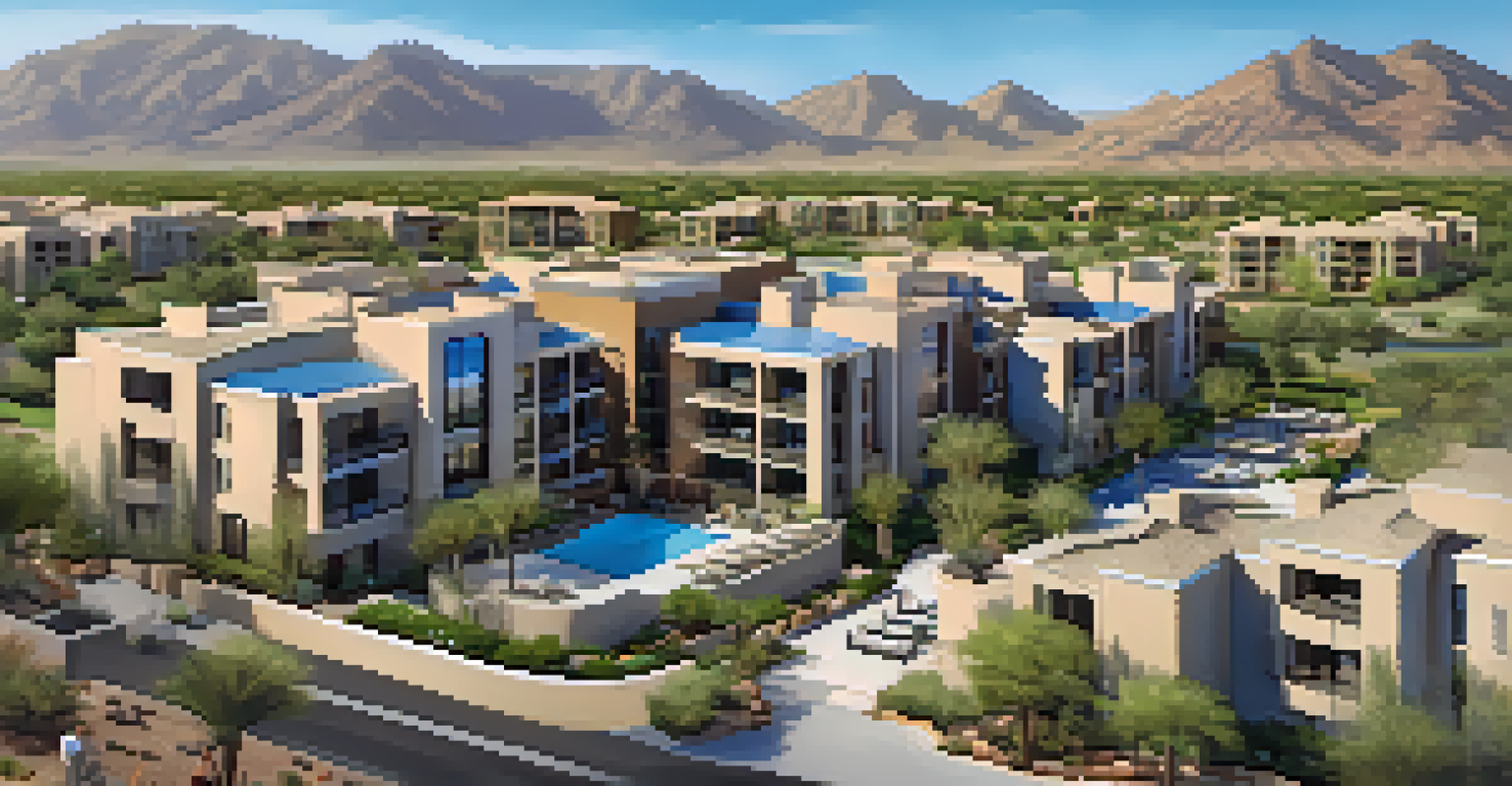 Aerial view of a luxury condo development in Scottsdale, featuring golf courses and modern amenities, with desert mountains in the background.