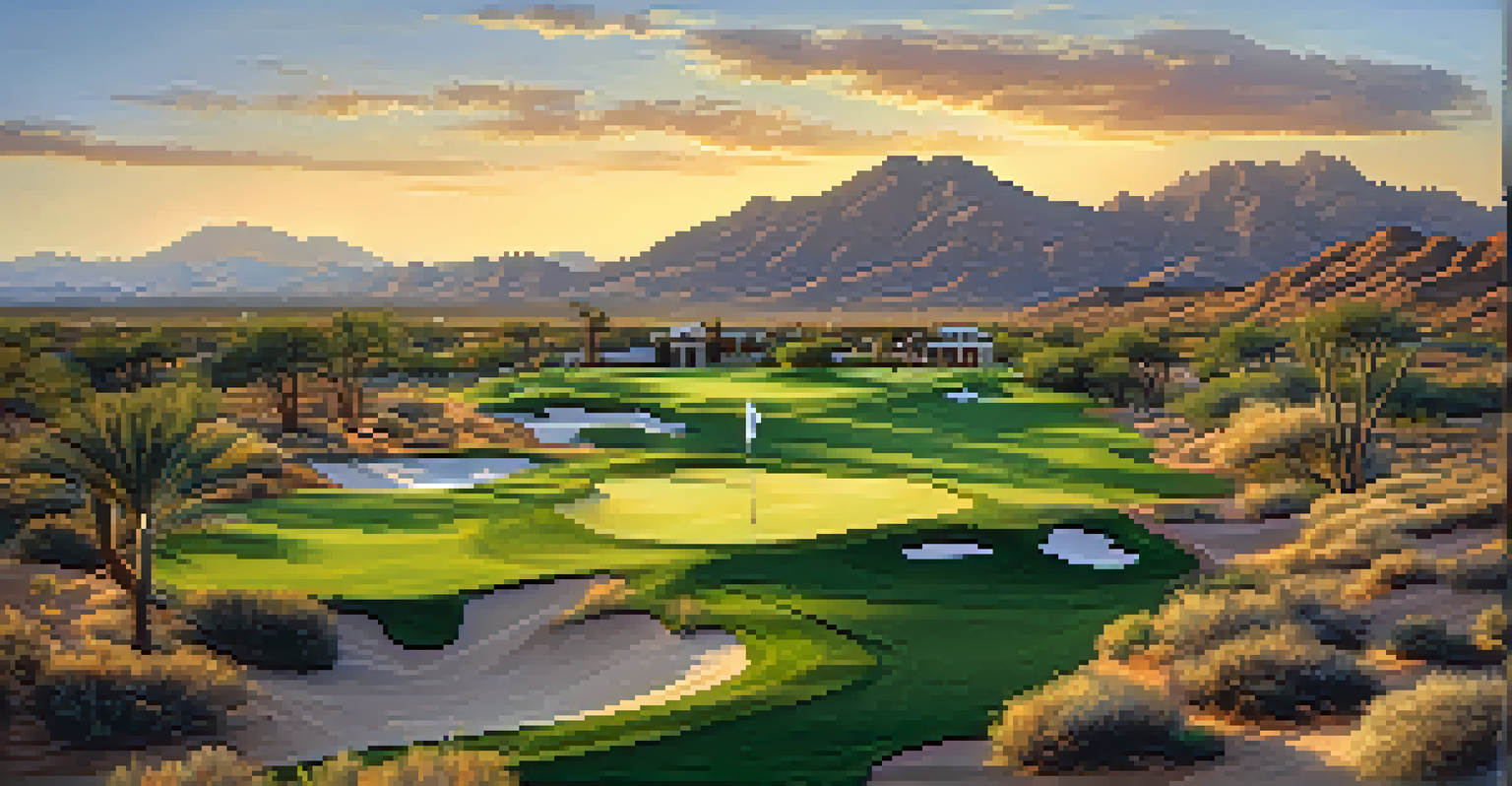 An aerial view of Troon North Golf Club, highlighting its lush golf courses surrounded by the Sonoran Desert, with sunlight illuminating the landscape.