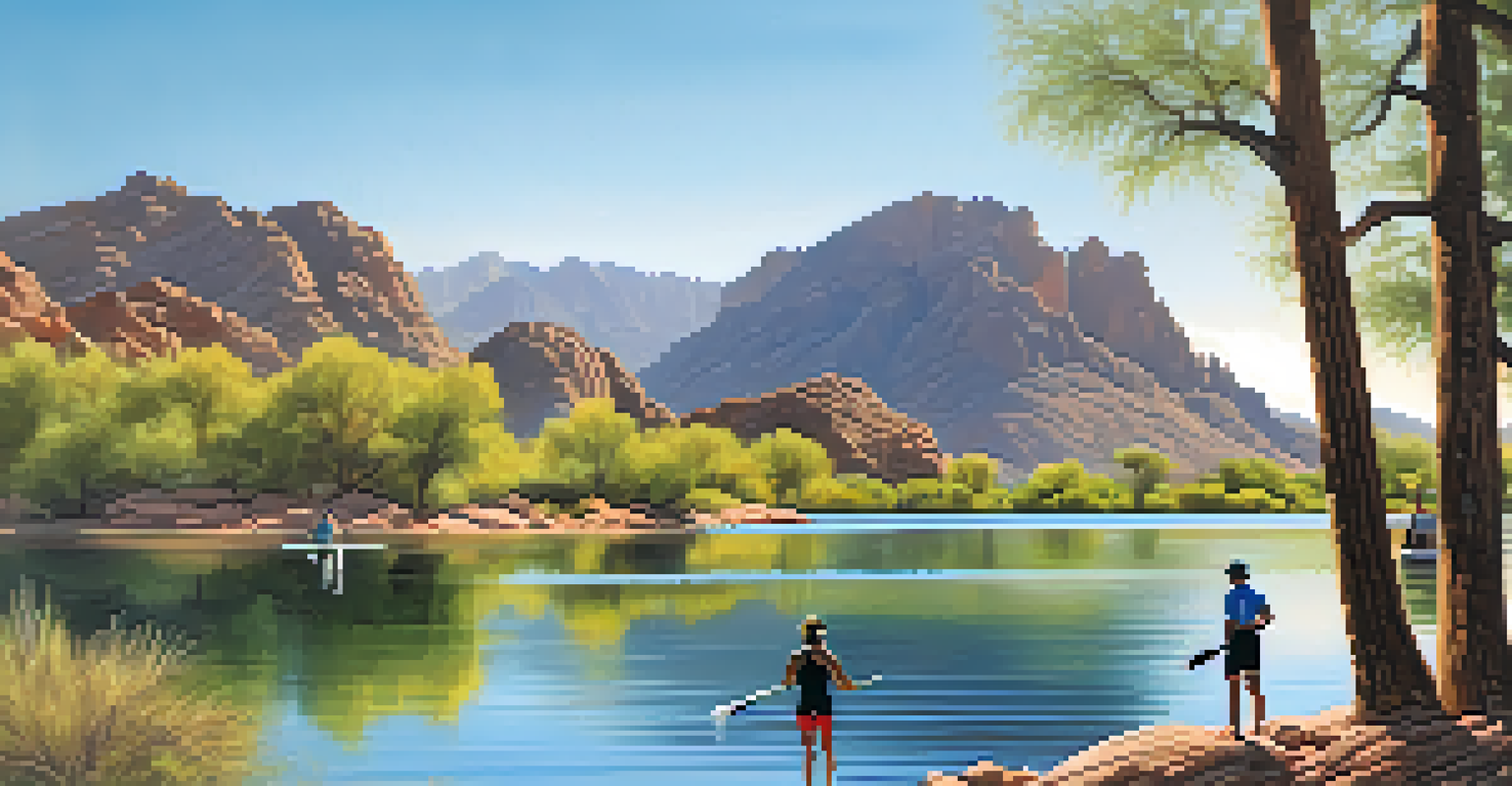 A tranquil lake surrounded by mountains and greenery, with people enjoying outdoor activities.