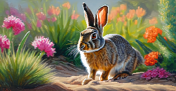 A playful Desert Cottontail Rabbit hopping through a colorful garden filled with flowers and shrubs in Scottsdale, Arizona.