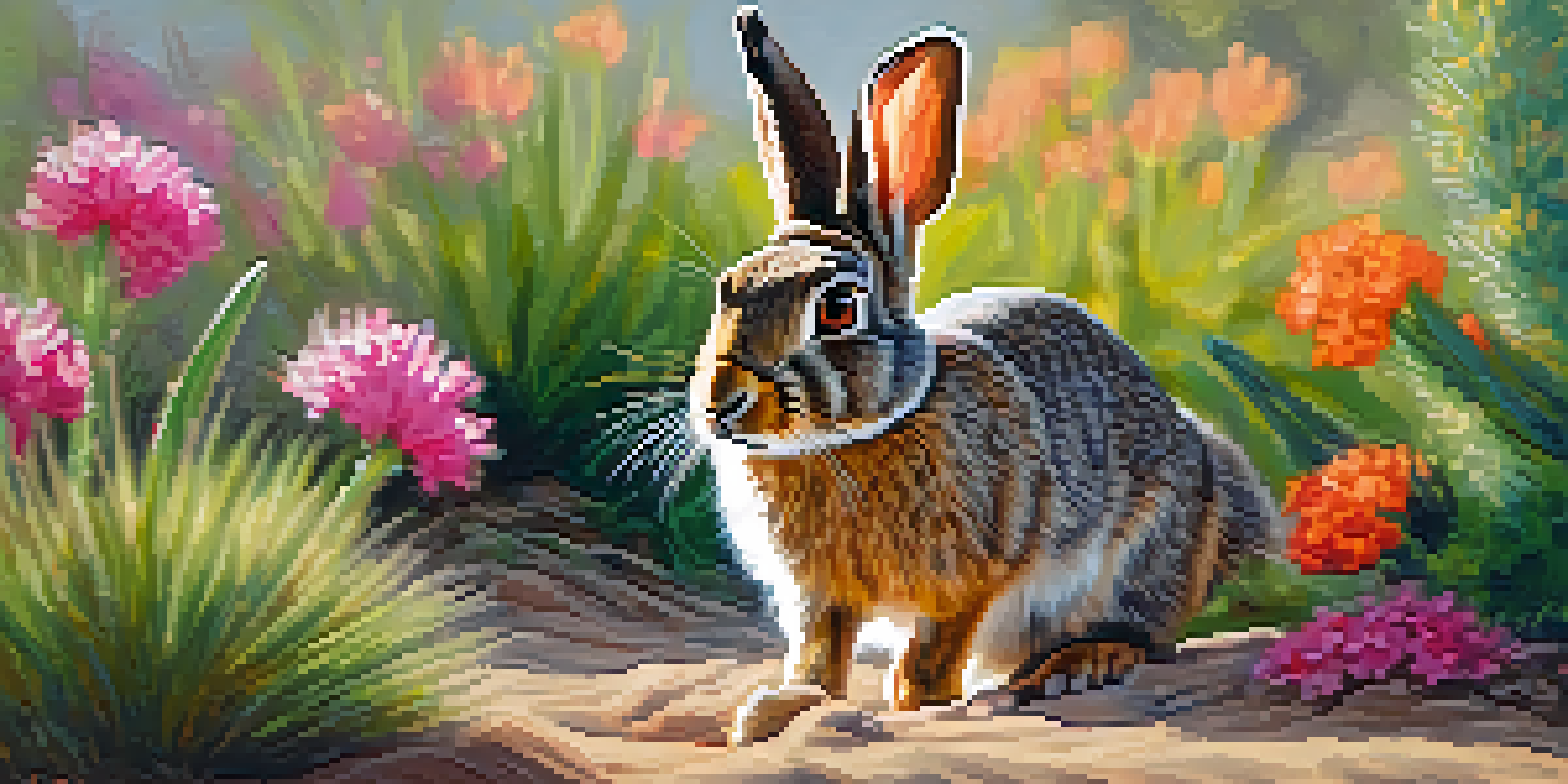 A playful Desert Cottontail Rabbit hopping through a colorful garden filled with flowers and shrubs in Scottsdale, Arizona.