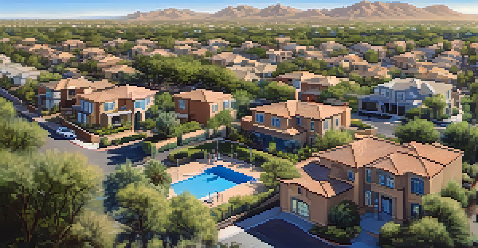 An aerial view of a North Scottsdale neighborhood featuring spacious homes and parks, with families enjoying outdoor activities under a clear sky.