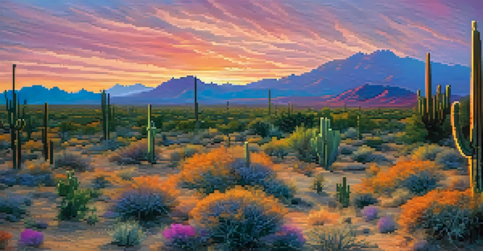 A panoramic view of the Sonoran Desert at sunset with silhouetted cacti and a colorful sky.