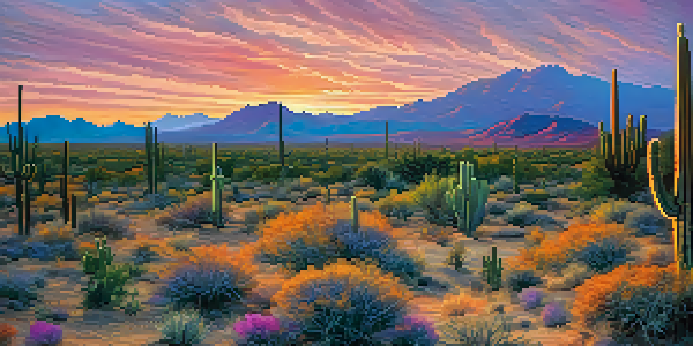 A panoramic view of the Sonoran Desert at sunset with silhouetted cacti and a colorful sky.