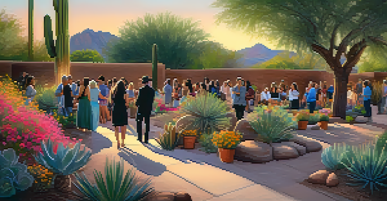 Attendees enjoying a concert at a botanical garden surrounded by illuminated desert plants.