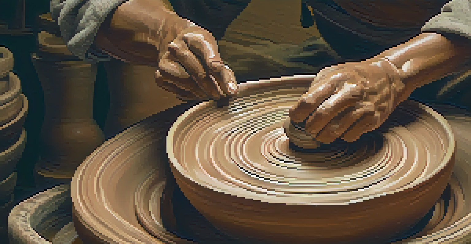 A close-up of an artisan shaping clay on a pottery wheel with finished pottery pieces around.