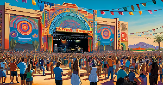 A lively outdoor music festival with a diverse crowd, local musicians on stage, colorful lights, and a desert backdrop.