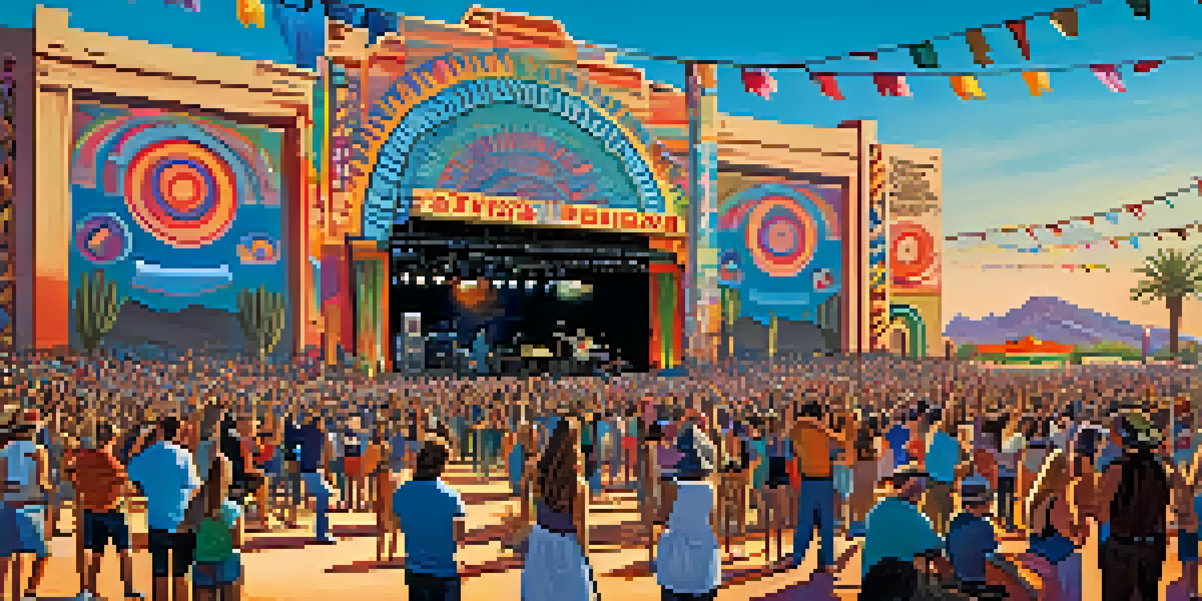 A lively outdoor music festival with a diverse crowd, local musicians on stage, colorful lights, and a desert backdrop.