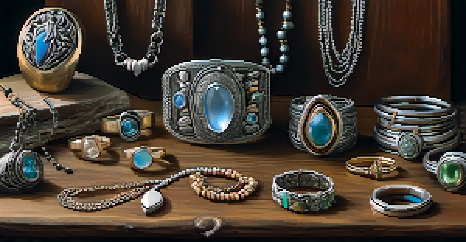 An array of handcrafted jewelry including silver necklaces and gemstone rings, displayed on a rustic wooden surface with artisan tools in the background.