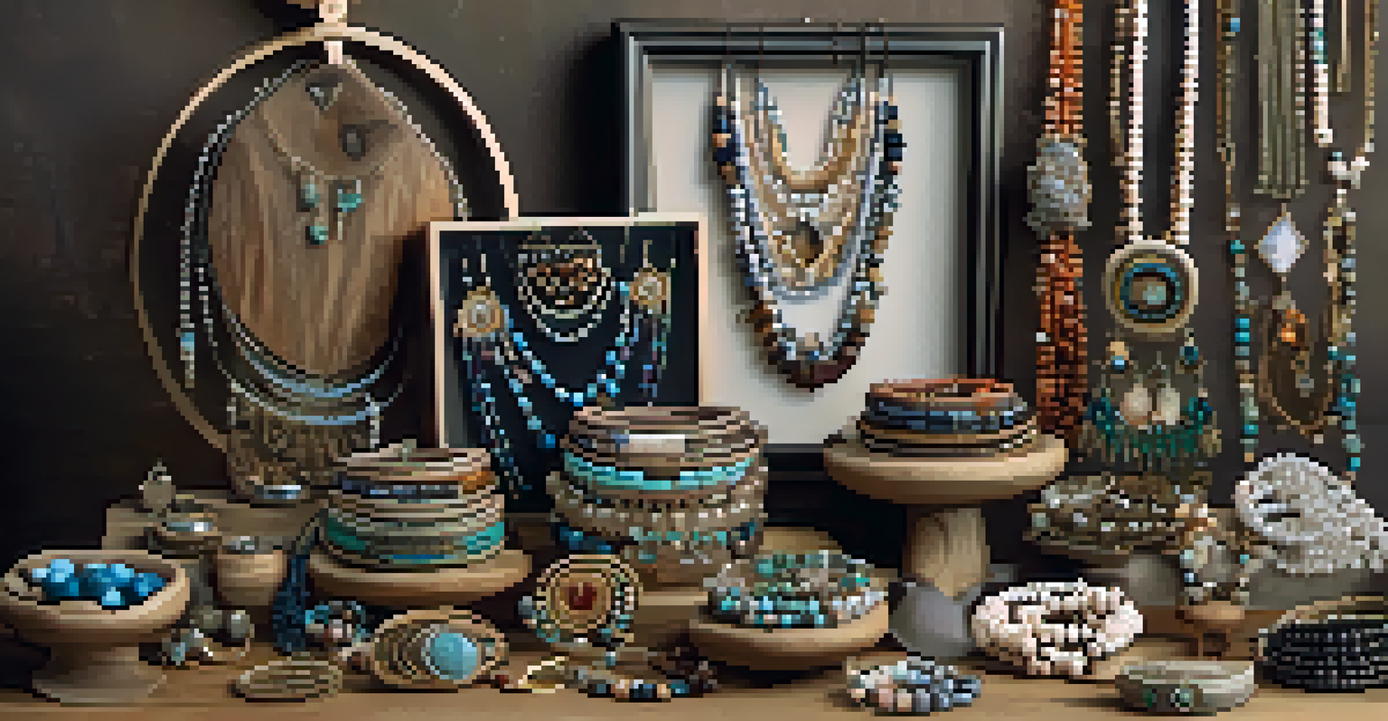 A close-up of a craft display with handmade jewelry, featuring beads and natural stones, arranged on a wooden table with soft lighting enhancing its colors.