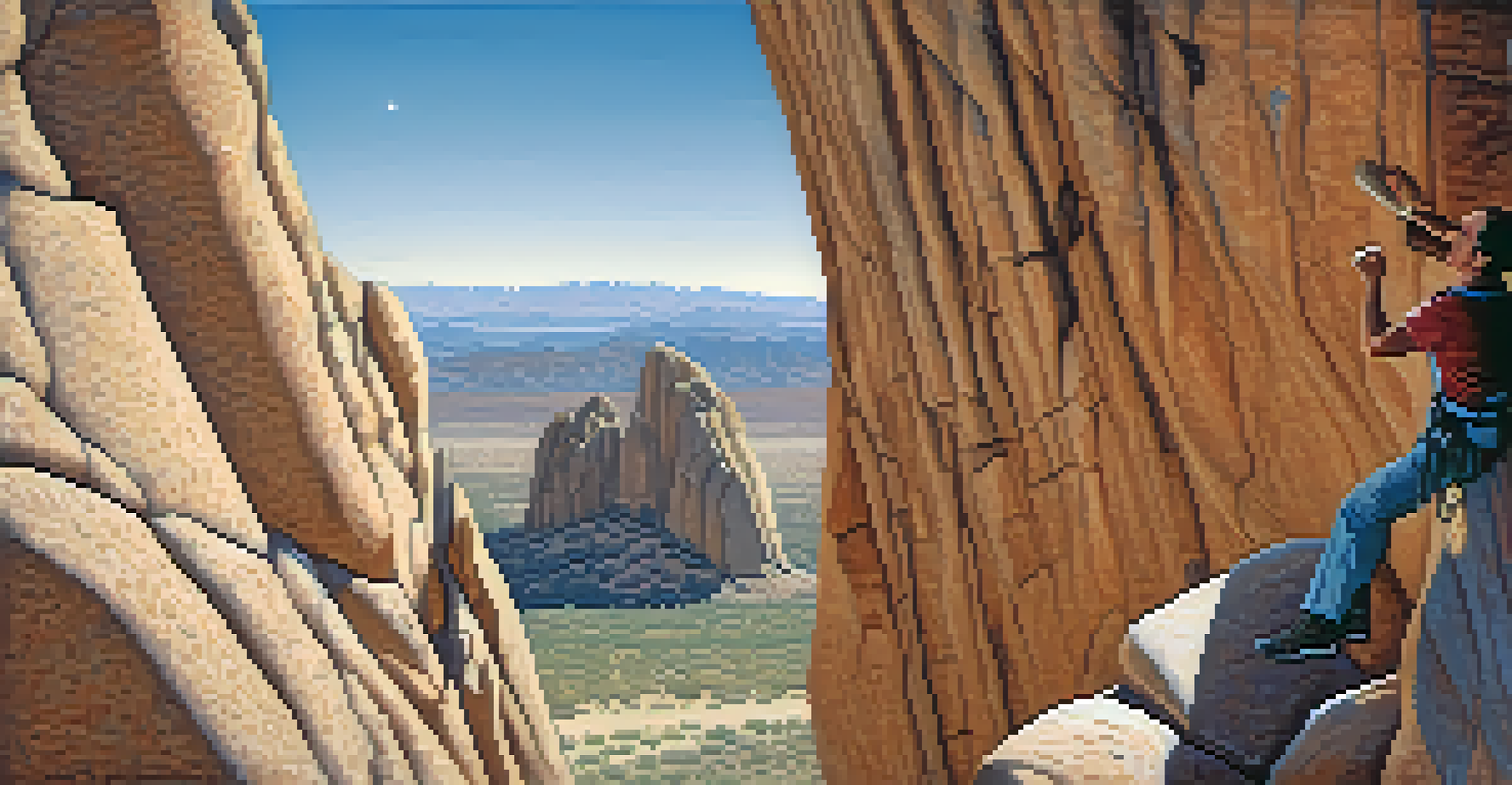 A climber on the distinct rock formations of Tom's Thumb with a clear sky and desert mountains in the background.