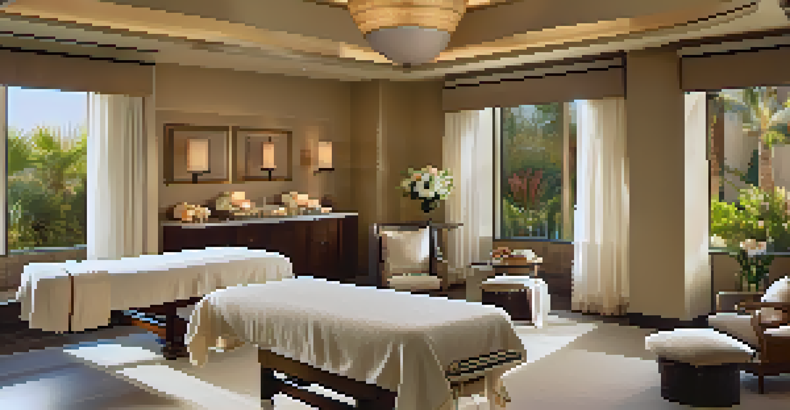 A tranquil spa treatment room with a massage table and natural light, decorated with flowers and soft fabrics.