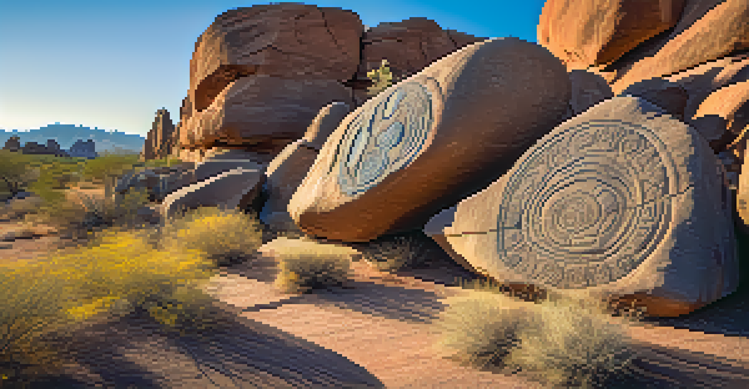 Close-up of ancient petroglyphs on a rock with a desert landscape.