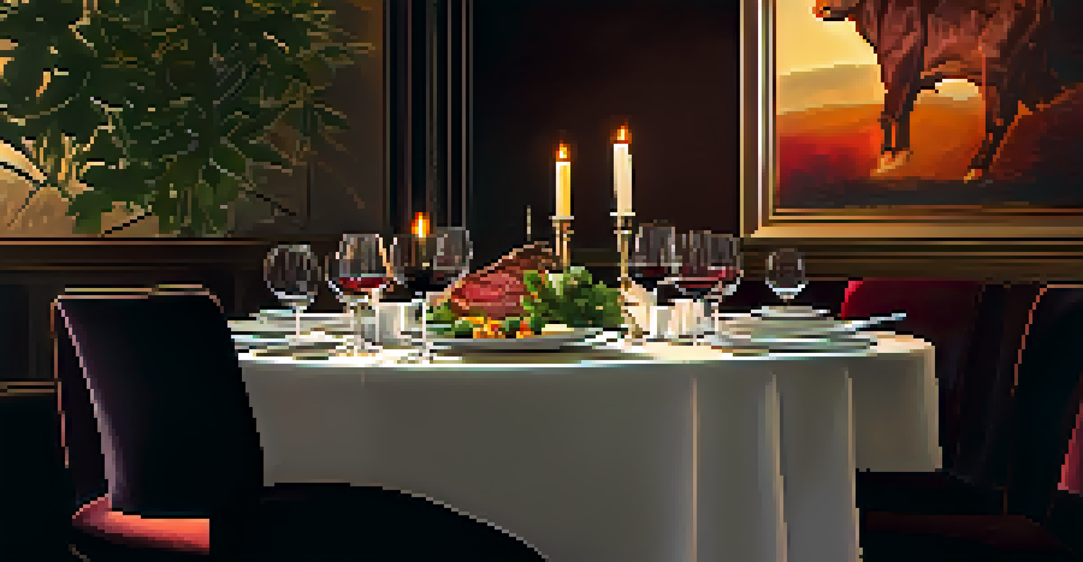 A beautifully arranged dinner plate with steak and wine on a candlelit table in an upscale restaurant.