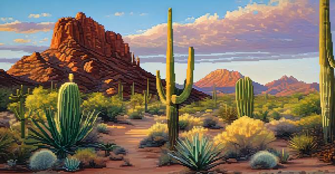 A stunning sunrise casting soft colors over the desert landscape, with Camelback Mountain in the background and cacti in the foreground.