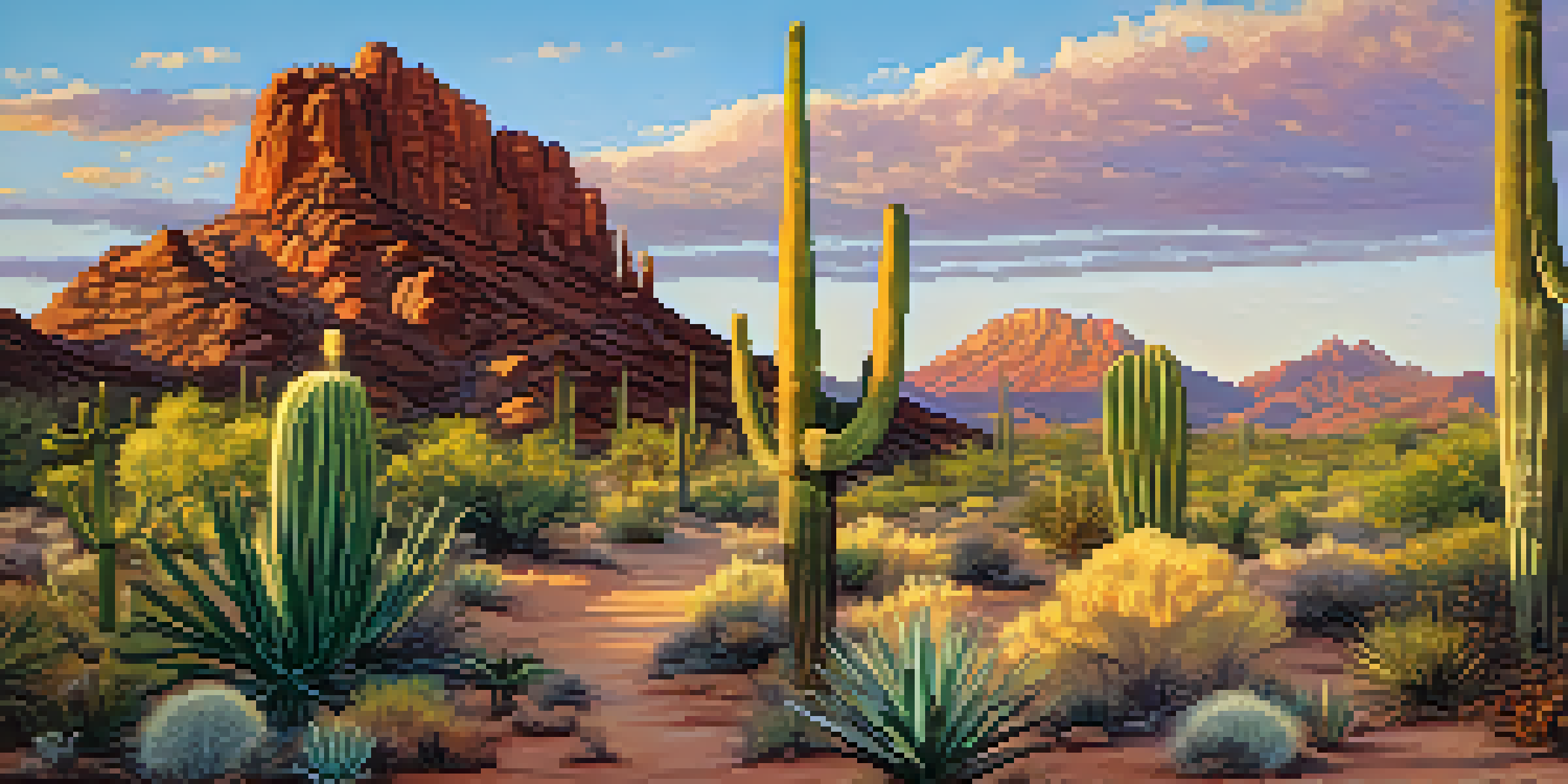 A stunning sunrise casting soft colors over the desert landscape, with Camelback Mountain in the background and cacti in the foreground.
