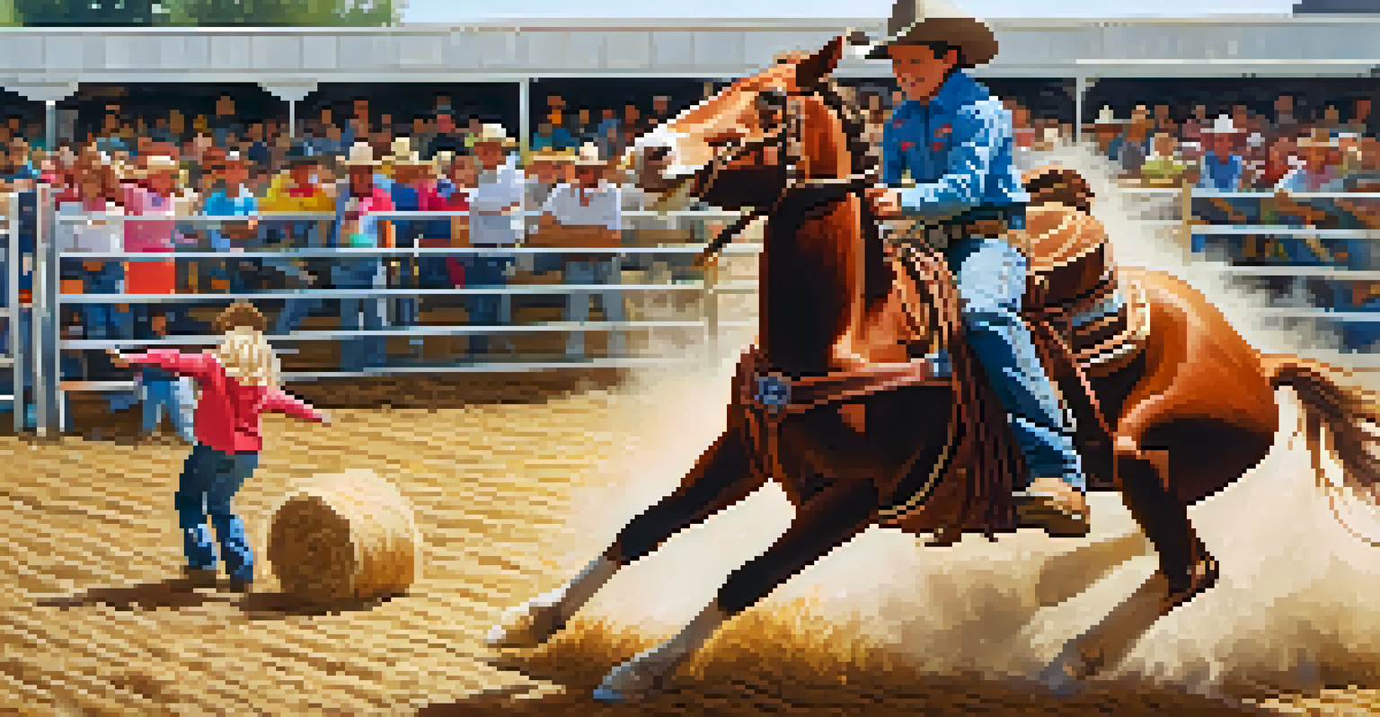 Children competing in mutton busting at a rodeo, with parents cheering from the sidelines and a vibrant atmosphere.