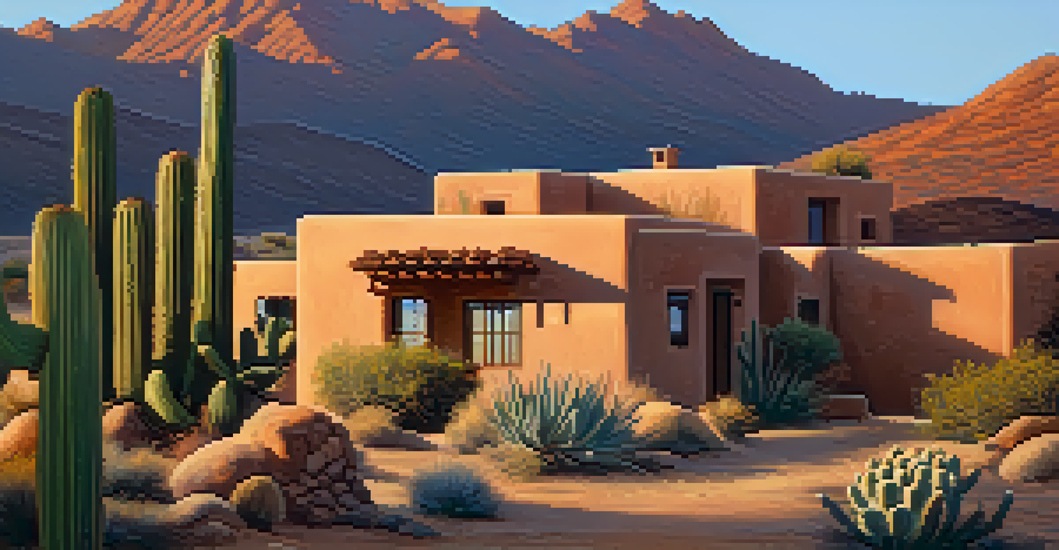 An artistic shot of a classic adobe house with mountains in the background and blooming cacti in the foreground during golden hour.