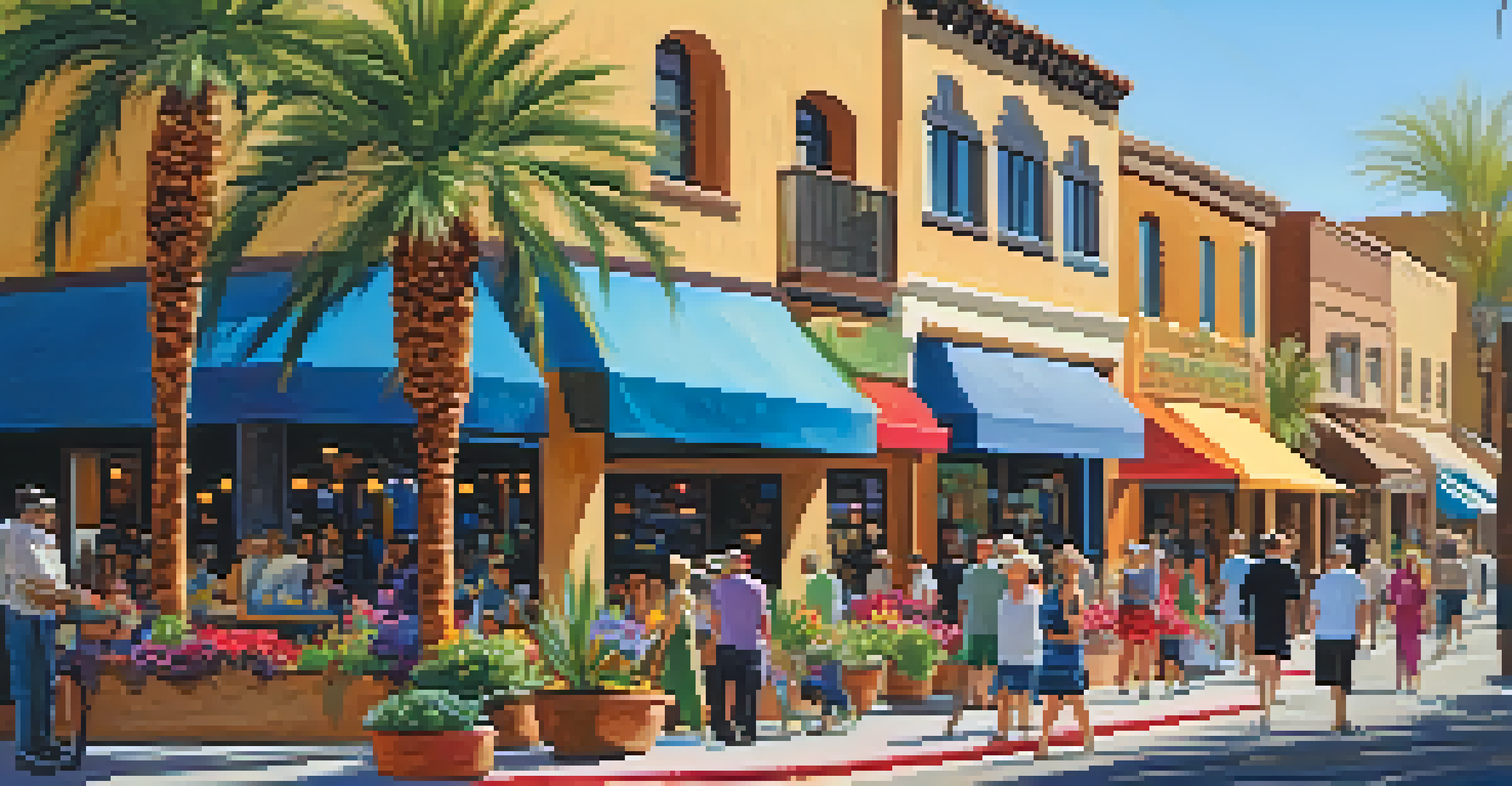 A lively street scene in Old Town Scottsdale, showcasing colorful shops, pedestrians, and vibrant flowers under a clear blue sky.