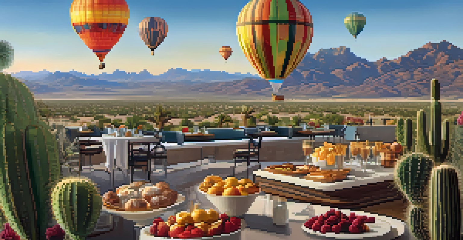 A hot air balloon dining experience with a gourmet breakfast spread, flying over the scenic desert landscape of Scottsdale in the morning light.