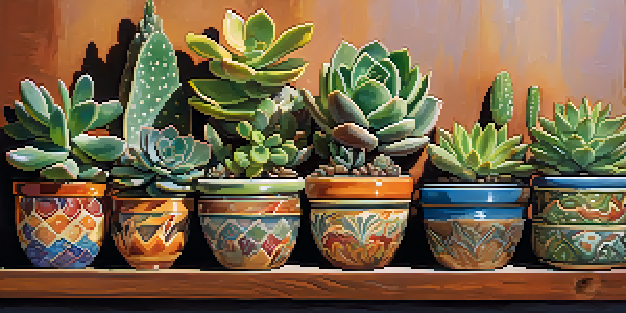A collection of colorful succulents in ceramic pots, illuminated by warm sunlight, showcasing their textures and details.