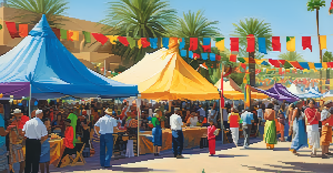 A lively community festival in Scottsdale with diverse food stalls, traditional dances, and local artwork on display.