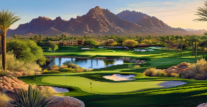 A scenic view of The Phoenician golf resort with a golf course and Camelback Mountain in the background.
