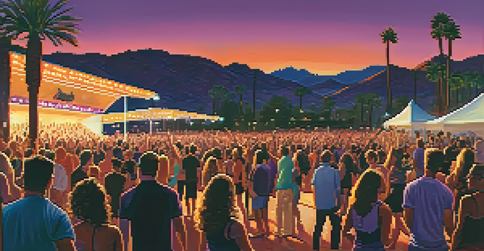 A lively crowd enjoying a rock festival in Scottsdale, with a band on stage and colorful lights in the background.