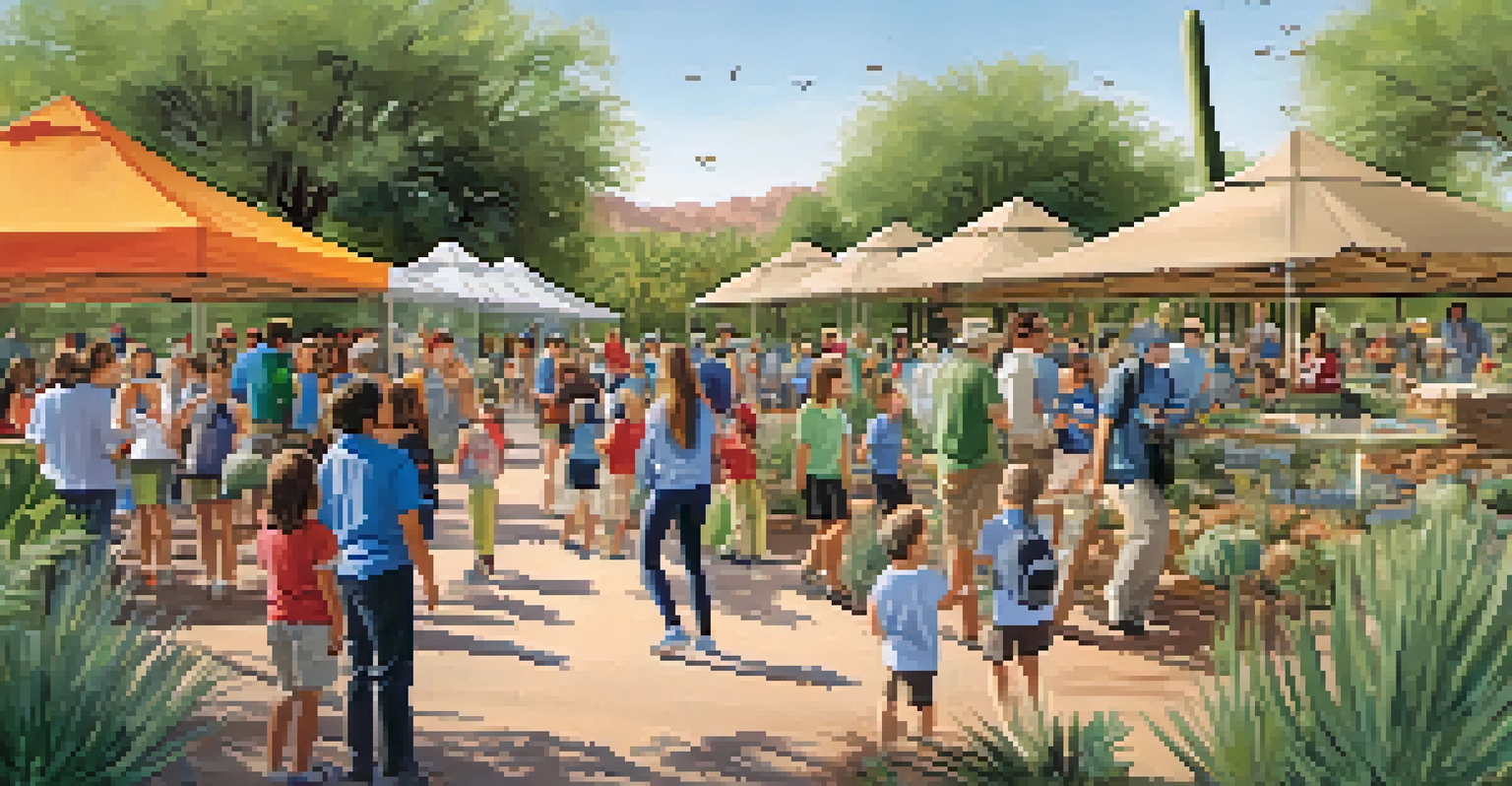 A community event focused on wildlife conservation, featuring volunteers interacting with families in a vibrant park setting, surrounded by greenery.