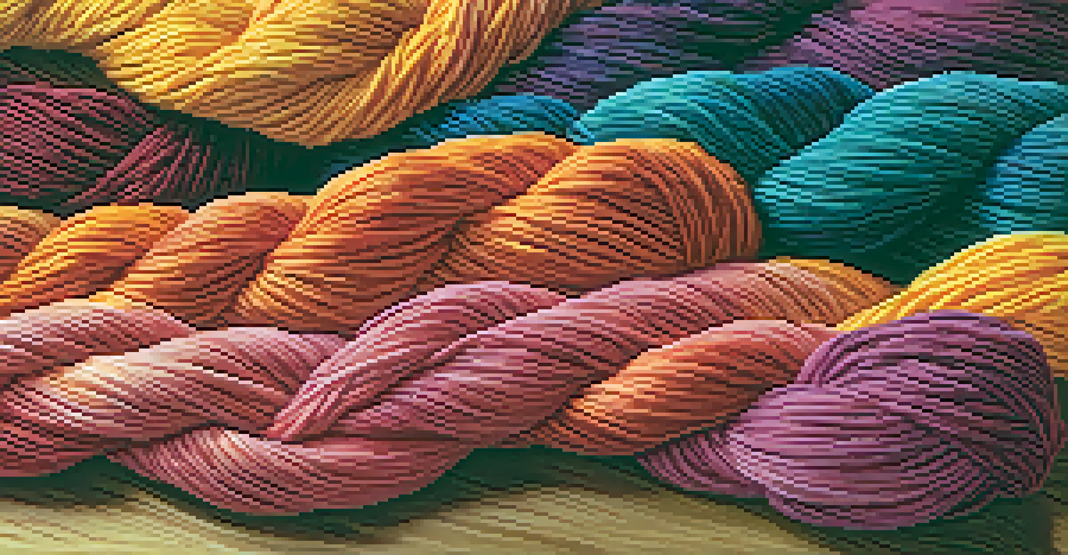 A detailed view of colorful hand-dyed fibers on a wooden table, with weaving tools in the background.