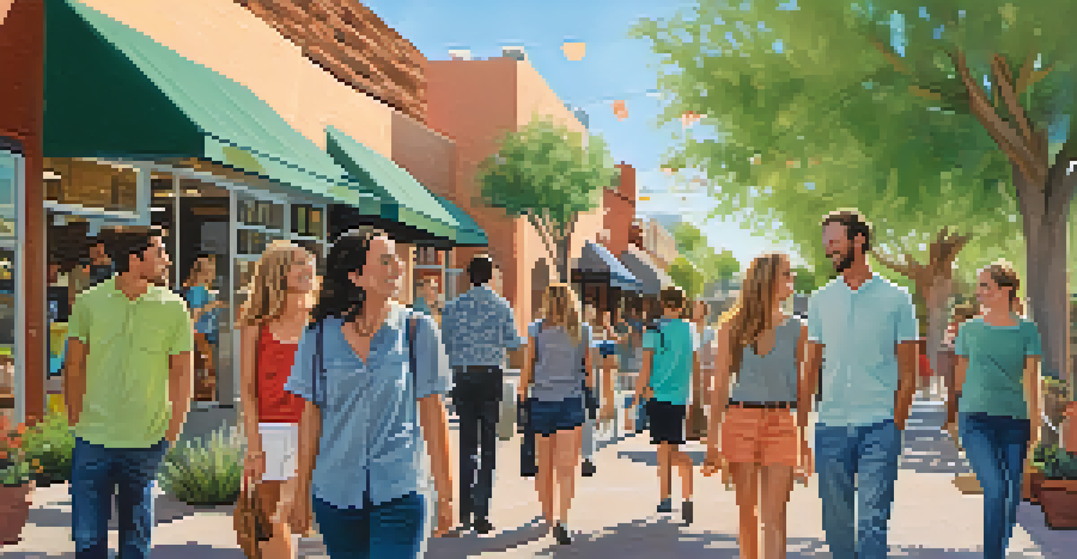 A group of friends walking through a vibrant neighborhood with shops and murals.