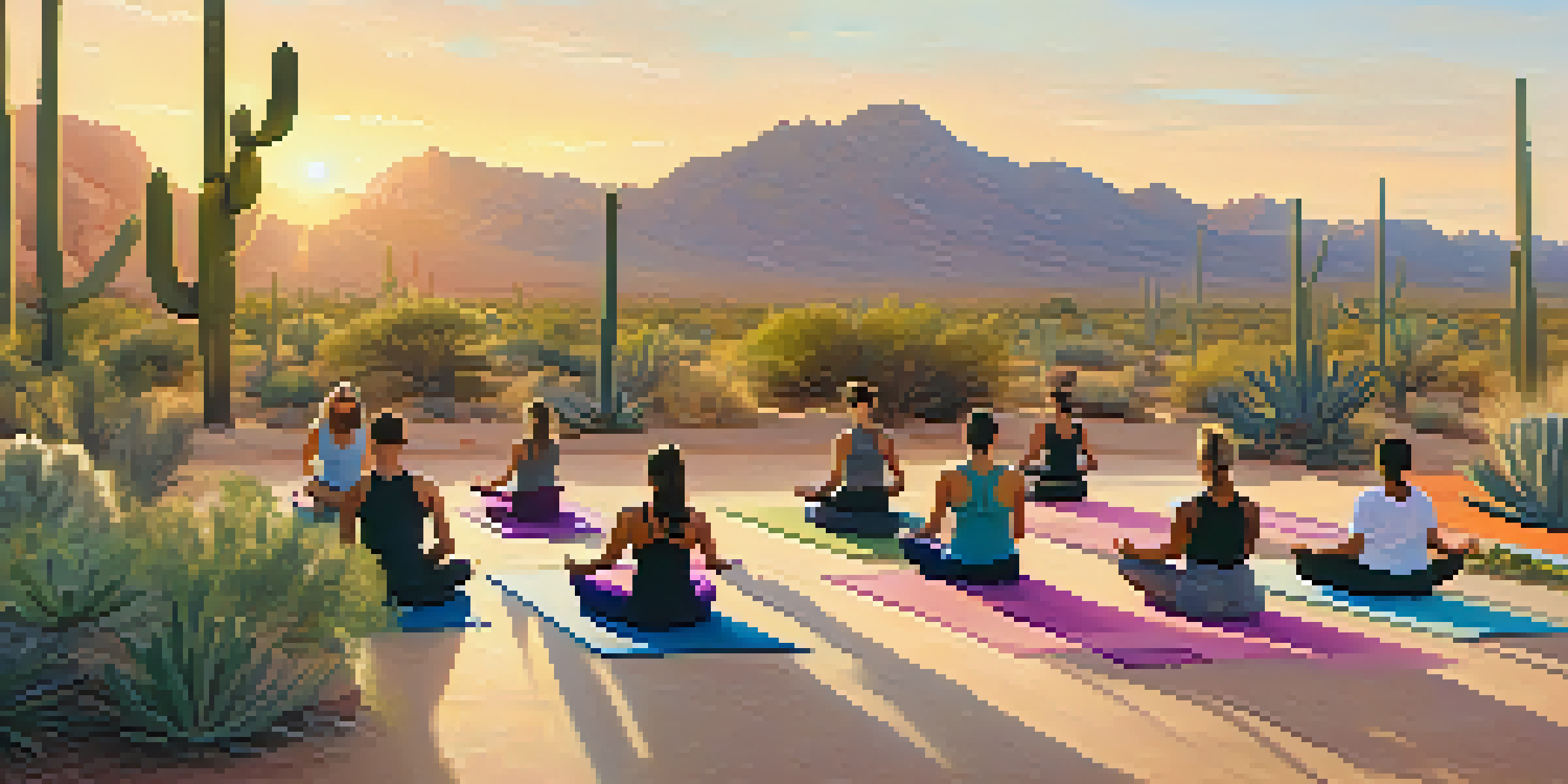 A group of people practicing yoga at sunrise in a desert setting with cacti and colorful mats.